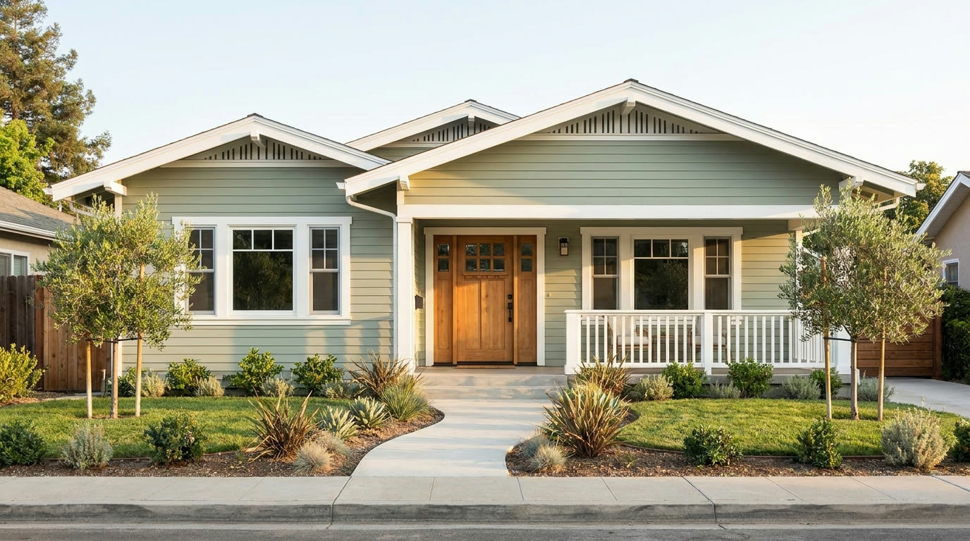 Single story bungalow freshly painted in sage green with white trim