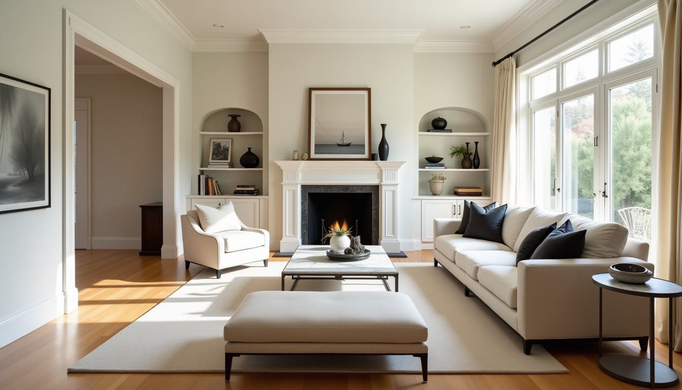 Luxury living room with freshly painted warm white walls and crisp white trim