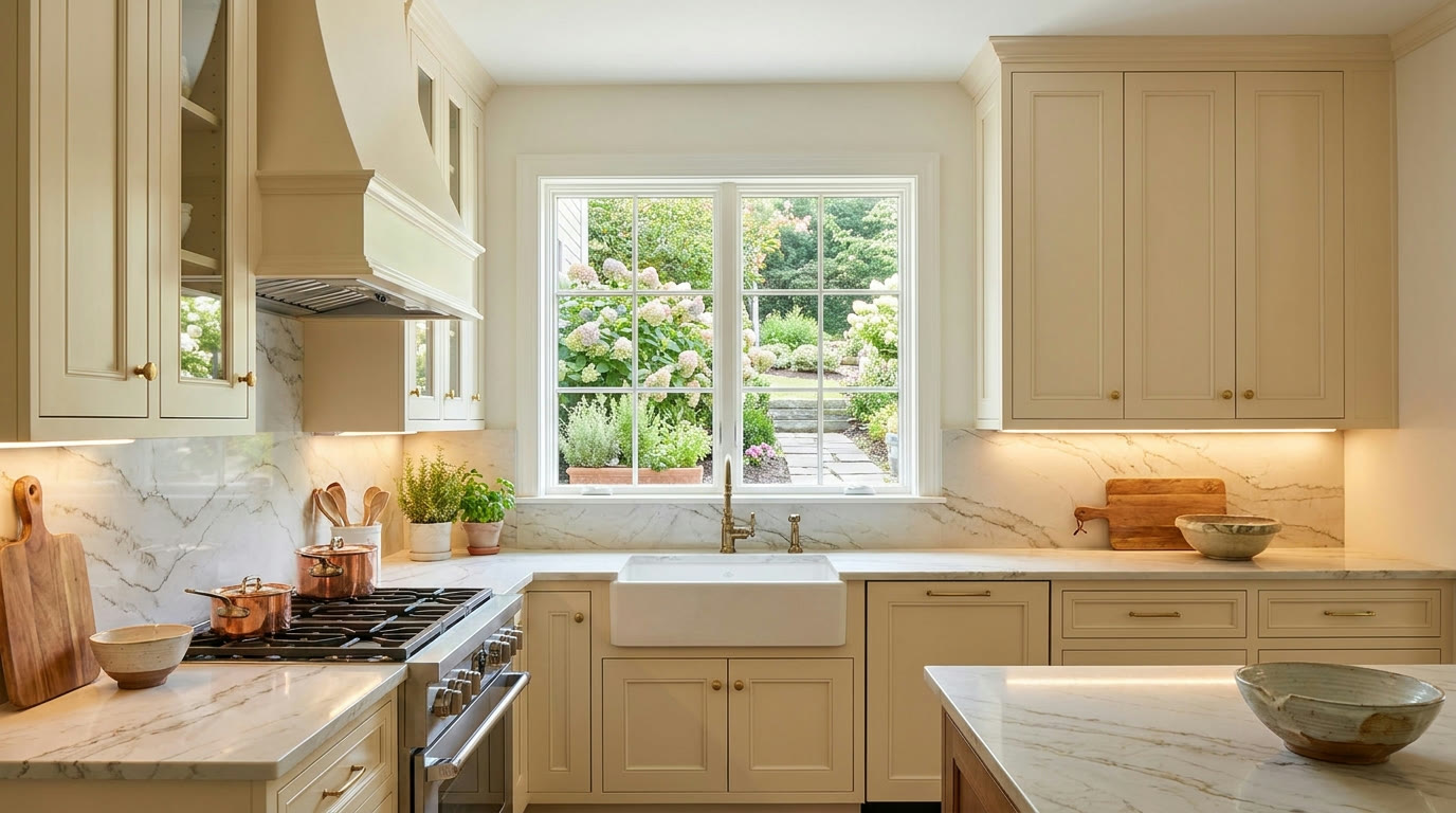 A kitchen with cabinets refinished in cream Sayerlack