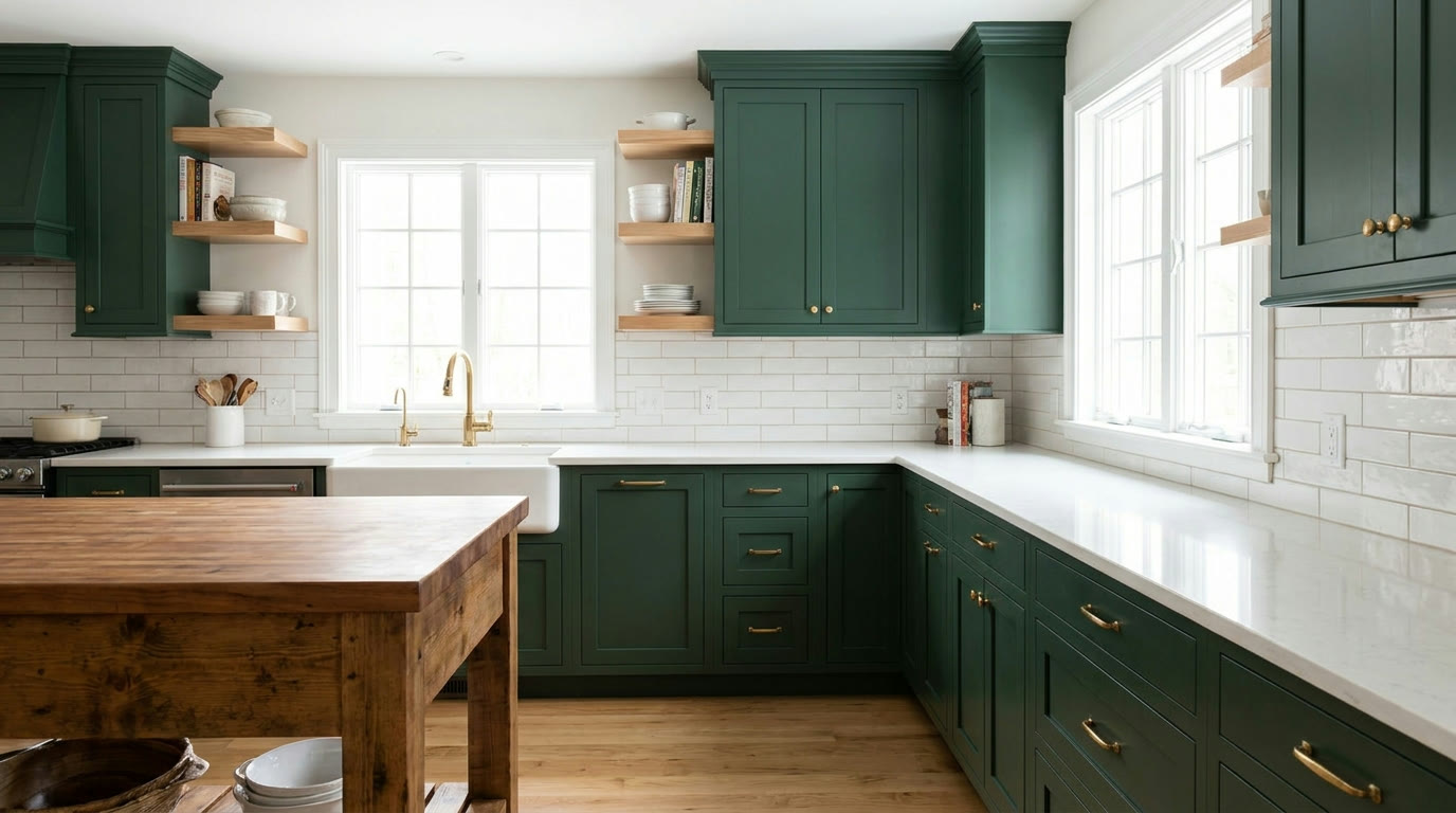 Kitchen cabinets refinished in deep green with brass hardware