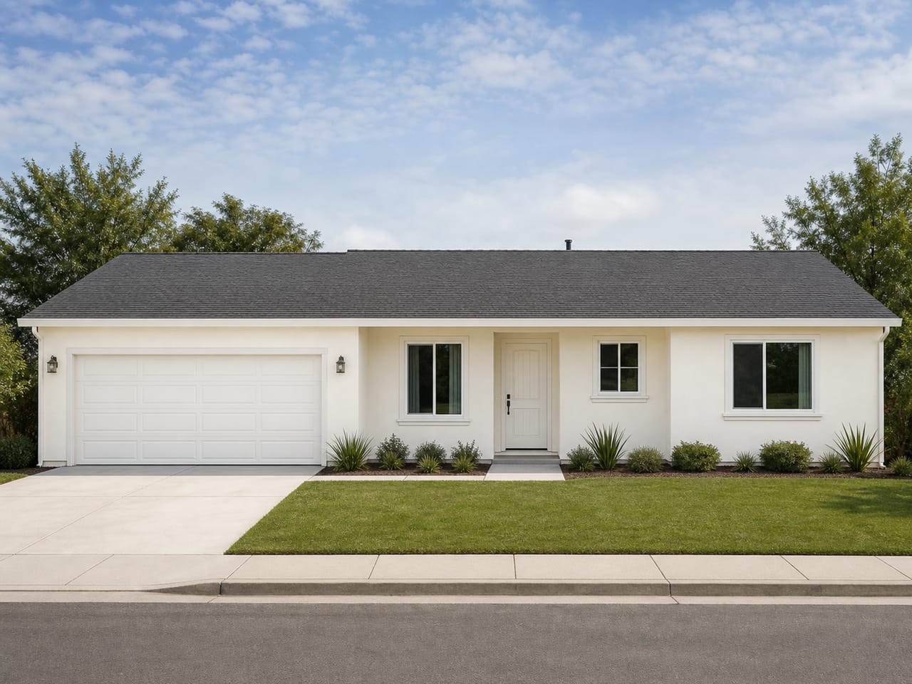 One story California ranch shown from a straight curb view with the full painted body and trim visible